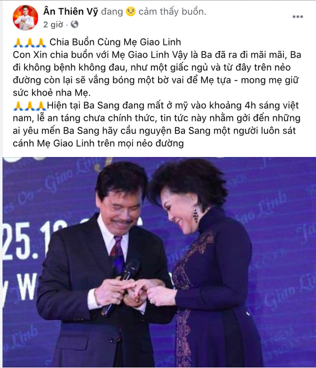 Bài đăng của con nuôi Giao Linh trên Facebook